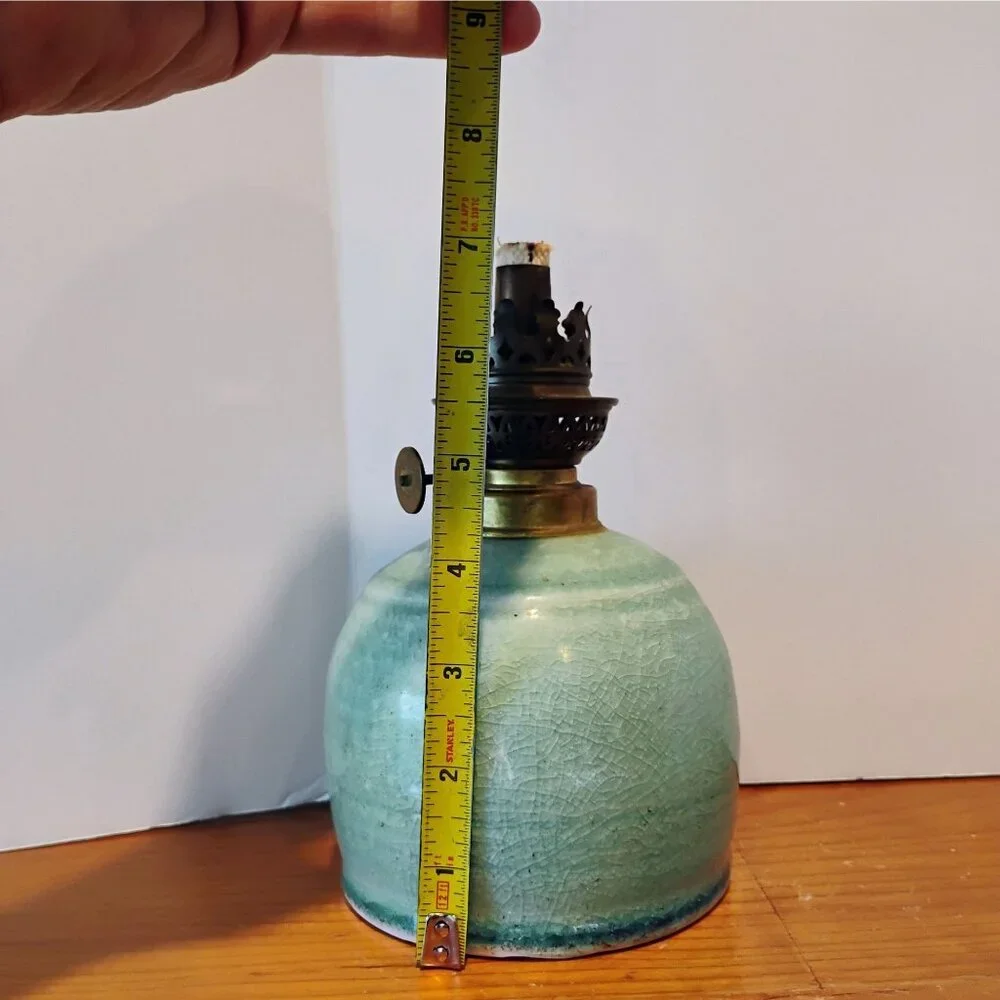 Vintage Seafoam Green Ceramic Studio Pottery Oil Lamp With Ornate Brass Coronet